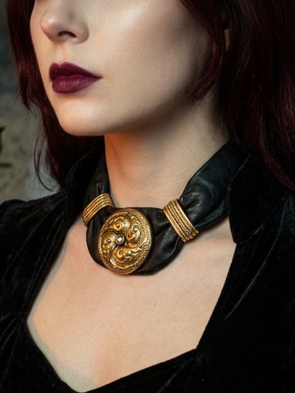 Vintage Black Leather & Gold Medallion Choker — Goth Romantic / Victorian